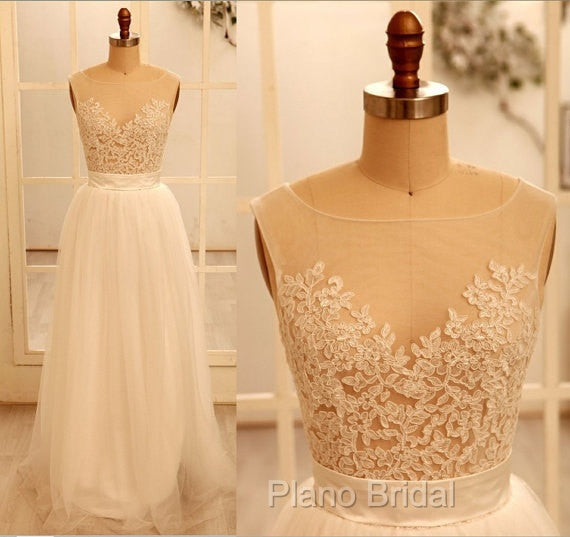 Custom Made A Line Round Neck Ivory Lace Wedding Dresses, Deep V Neck Back Formal Prom Dresses, Ivory Dresses For Wedding Secondary image