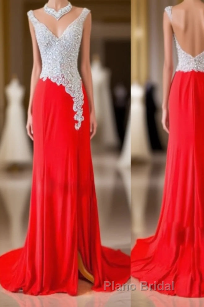 Custom Made A Line V Neck Backless Sequins Red Formal Prom Dresses, Red Evening Dresses