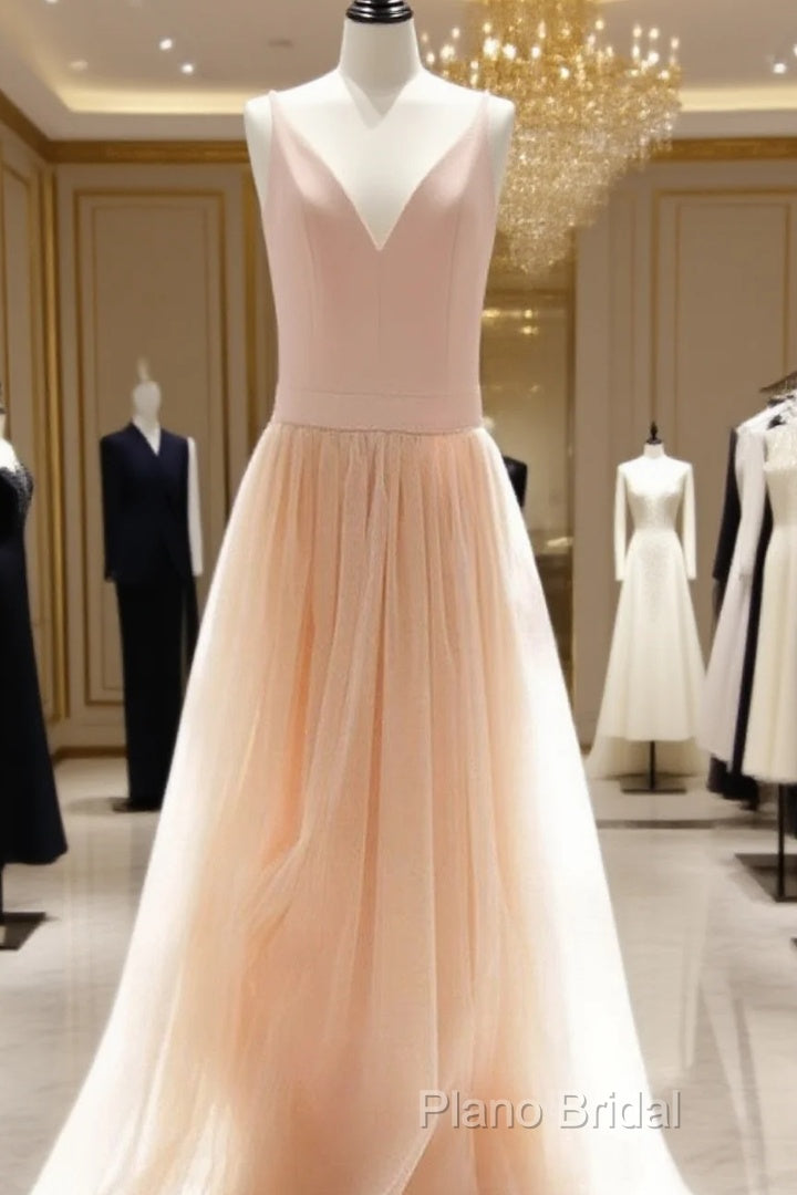 Custom Made A Line V Neck Champagne Tulle Formal Prom Dresses, Champagne Wedding Dresses, A Line V Neck Graduation Dresses Main image