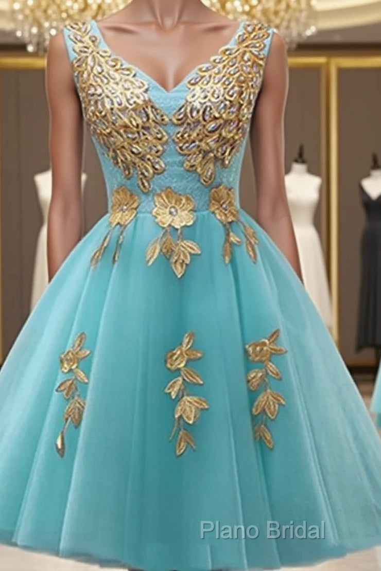 Custom Made A Line V Neck Light Blue Short Tulle Formal Prom Dresses, Short Bridesmaid Dresses, Homecoming Dresses, Graduation Dresses