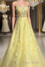 Custom Made Backless Yellow Lace Floral Long Formal Prom Dress, Yellow Lace Formal Graduation Evening Dress