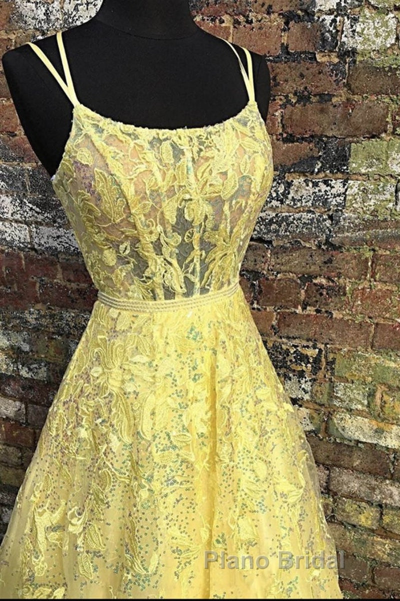Custom Made Backless Yellow Lace Floral Long Formal Prom Dress, Yellow Lace Formal Graduation Evening Dress Secondary image