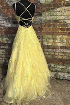 Custom Made Backless Yellow Lace Floral Long Formal Prom Dress, Yellow Lace Formal Graduation Evening Dress