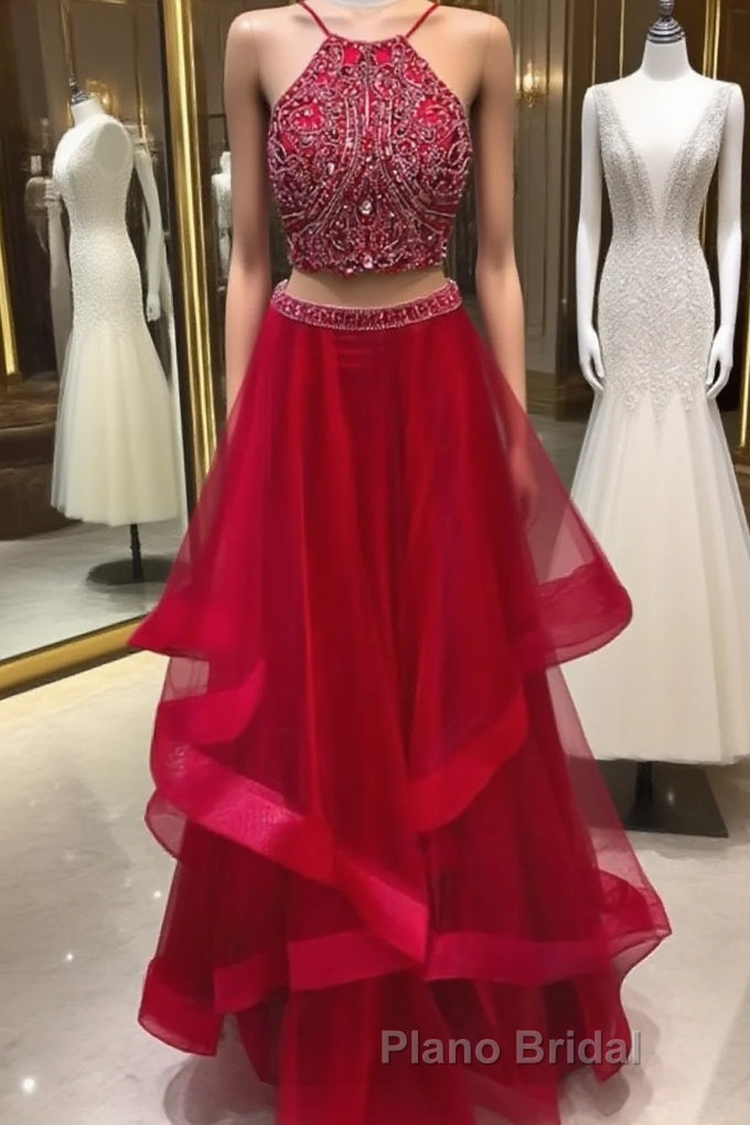 Custom Made Beaded Red Halter Two Piece Formal Prom Dresses ,Formal Dresses Main image