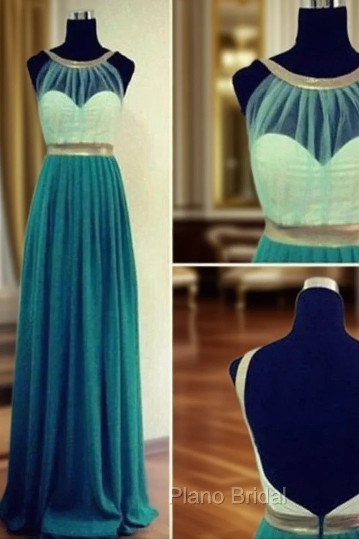 Custom Made Green And Gold Round Neckline Backless Formal Prom Dresses, Long Green Formal Dresses Main image