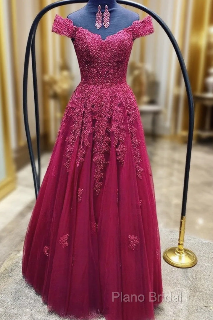Custom Made Off Shoulder Burgundy Lace Formal Prom Dresses, Off The Shoulder Burgundy Lace Formal Bridesmaid Dresses Main image