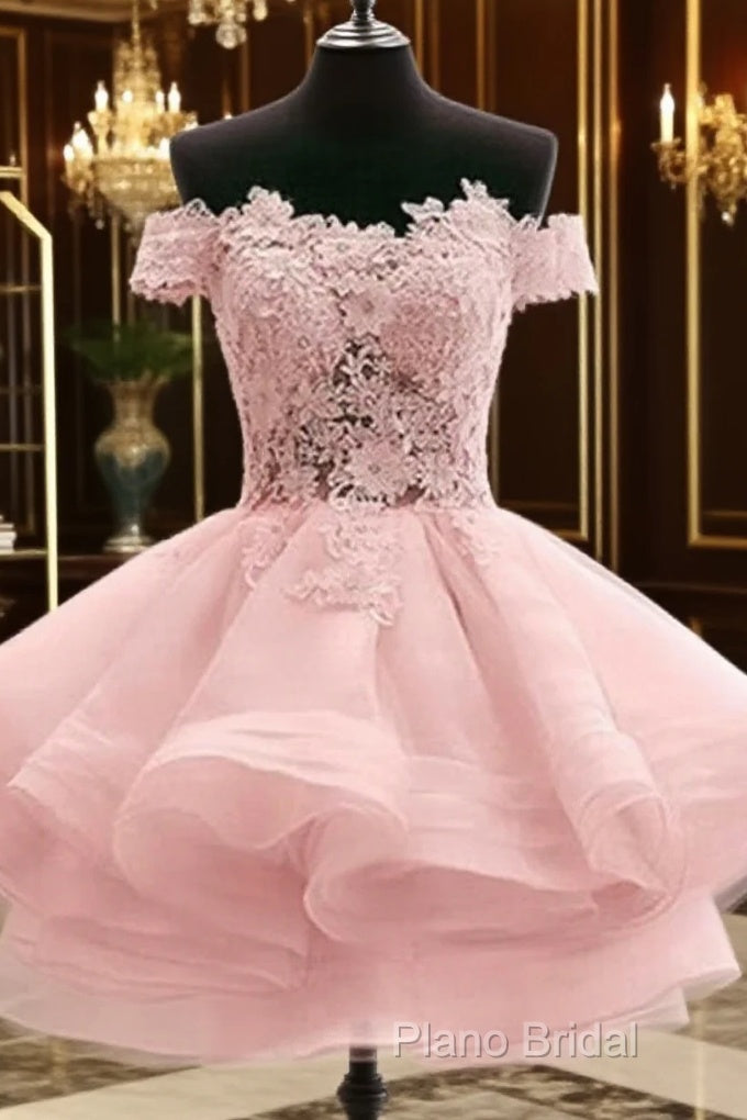 Custom Made Off Shoulder Pink Lace Short Formal Prom Dresses, Pink Lace Bridesmaid Dresses, Homecoming Dresses Main image