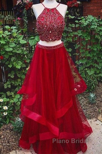 Custom Made Red Two Pieces Sequin Long Formal Prom Dresses, Evening Dresses