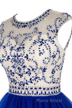 Custom Made Round Neck Cap Sleeves Beading Black Short Formal Prom Dresses Royal Blue Homecoming Dresses, Evening Dresses 2019