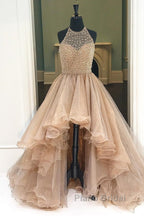 Custom Made Round Neck High Low Champagne Formal Prom Dresses, High Low Formal Dresses