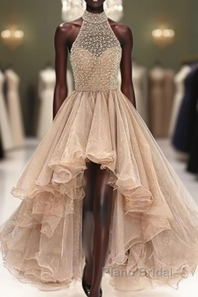 Custom Made Round Neck High Low Champagne Formal Prom Dresses, High Low Formal Dresses Main image