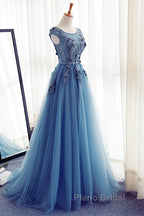Custom Made Round Neck Sleeveless Lace Formal Prom Dresses, Blue Lace Formal Dresses