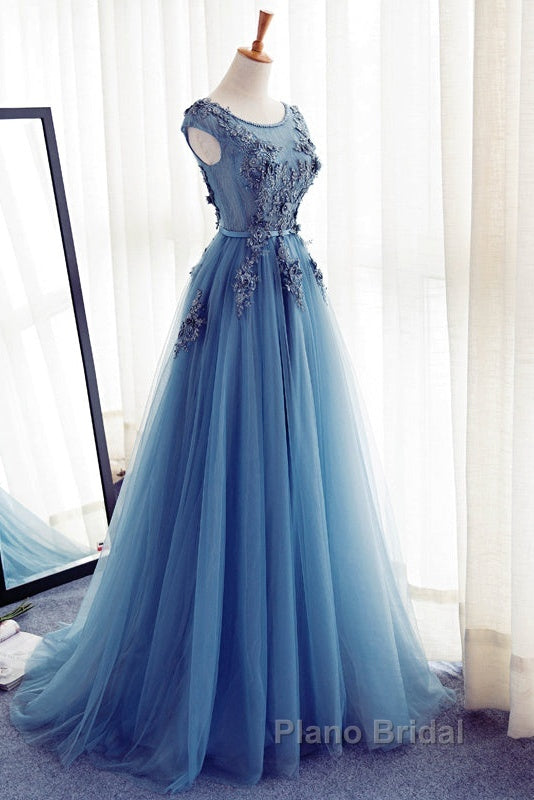 Custom Made Round Neck Sleeveless Lace Formal Prom Dresses, Blue Lace Formal Dresses
