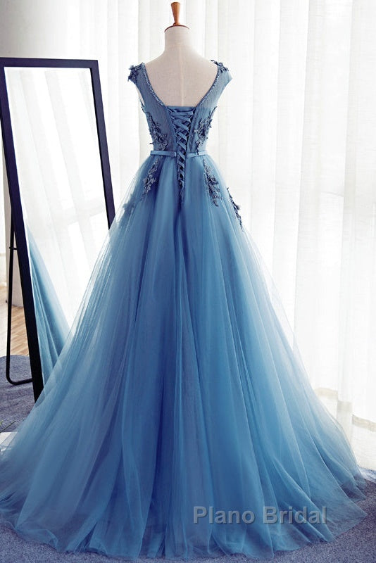 Custom Made Round Neck Sleeveless Lace Formal Prom Dresses, Blue Lace Formal Dresses