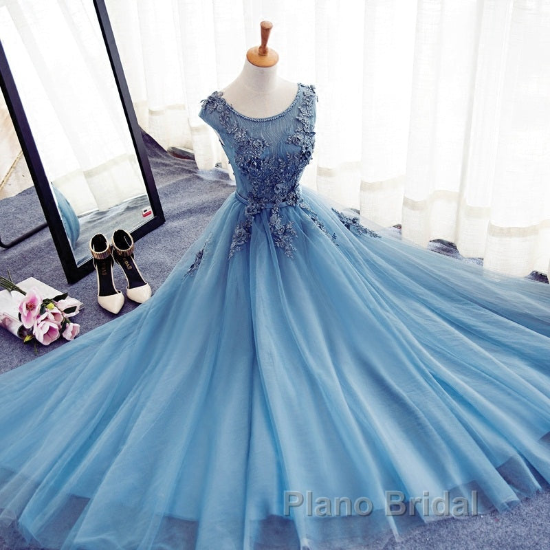 Custom Made Round Neck Sleeveless Lace Formal Prom Dresses, Blue Lace Formal Dresses