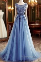 Custom Made Round Neck Sleeveless Lace Formal Prom Dresses, Blue Lace Formal Dresses