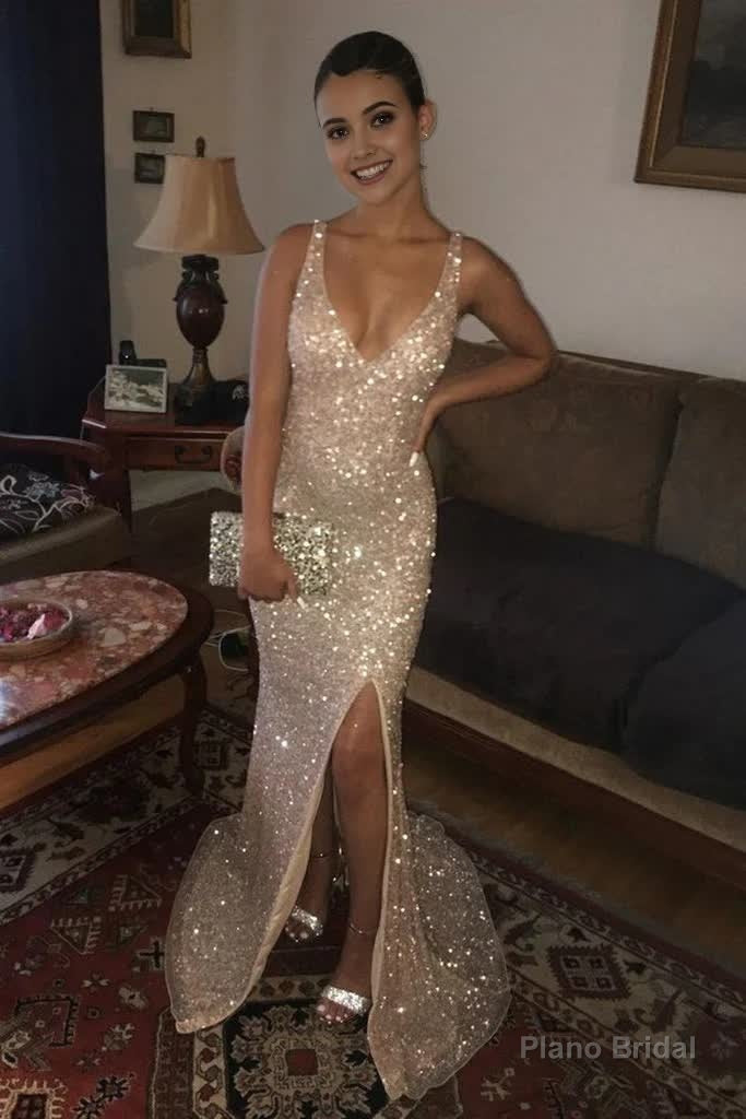 Custom Made Sparkly Sequined V Neck Golden Long Prom Dresses with Leg Slit, Shiny Golden Formal Dresses, Evening Dresses, Graduation Dresses Secondary image