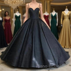 Custom Made Thin Straps Sweetheart Neck Black Ball Gown, Black Long Formal Prom Dresses, Evening Dresses