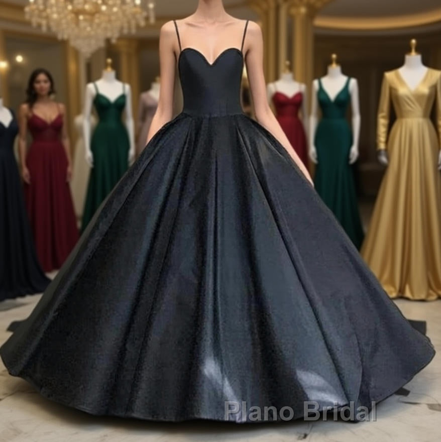 Custom Made Thin Straps Sweetheart Neck Black Ball Gown, Black Long Formal Prom Dresses, Evening Dresses Main image