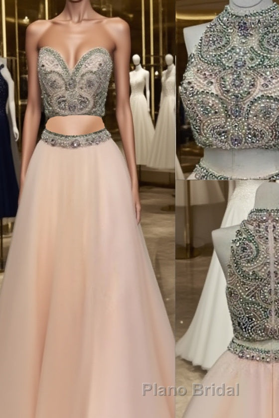 Custom Made Two Pieces High-Neck Beaded Pink Tulle Formal Prom Dresses, Pink Evening Dresses