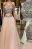 Custom Made Two Pieces High-Neck Beaded Pink Tulle Formal Prom Dresses, Pink Evening Dresses