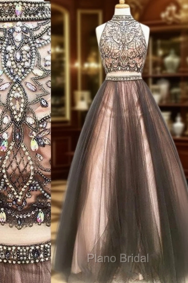 Custom Made Two Pieces Tulle Long Formal Prom Dresses, Black Evening Dresses
