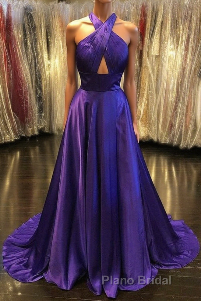 Custom Made Unique Backless Purple Satin Long Formal Prom Dress, Backless Purple Formal Dress, Purple Evening Dress Main image