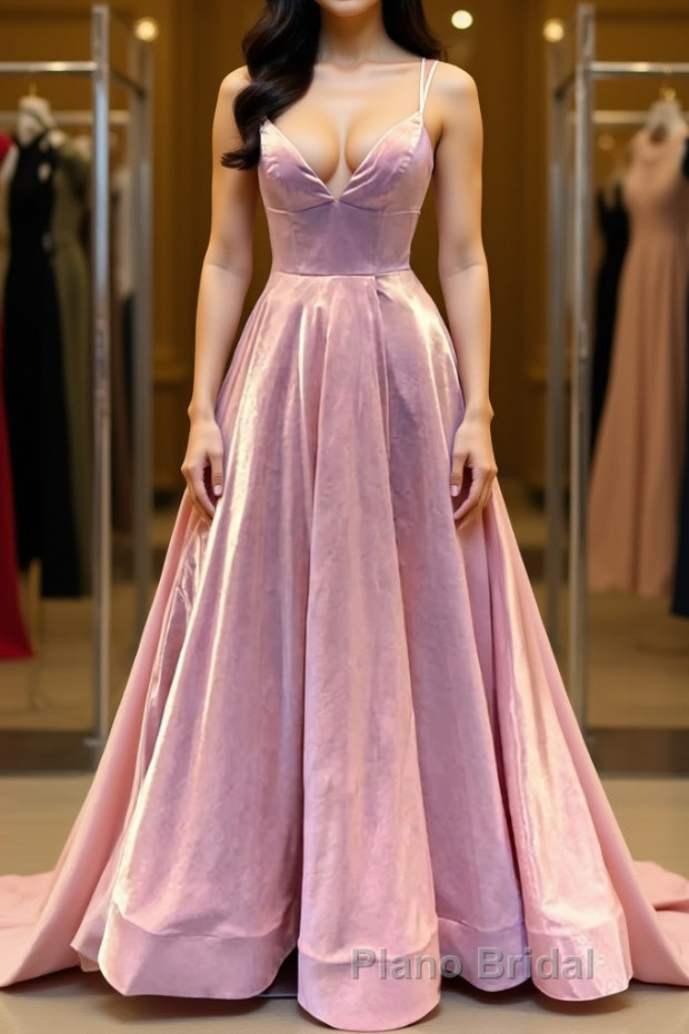 Custom Made V Neck Backless Pink Formal Prom Dress, Backless Pink Formal Dress, Simple Pink Evening Dress Main image