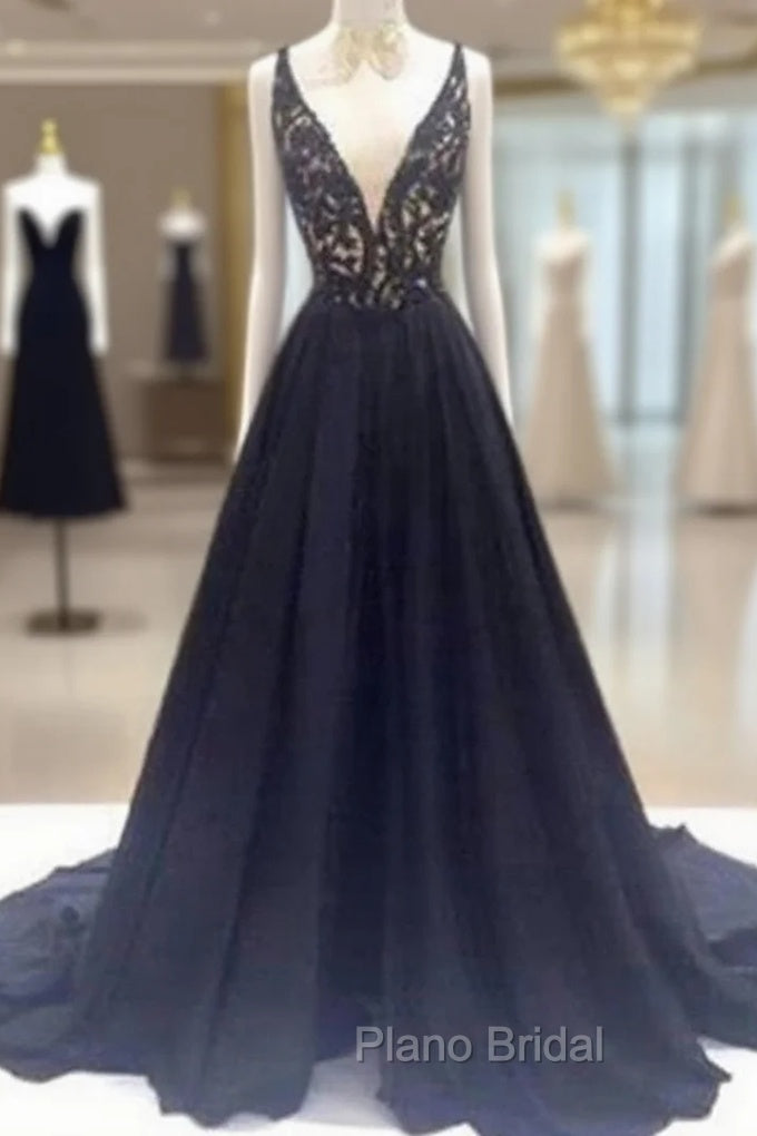 Custom Made V Neck Sweep Train Long Black Lace Formal Prom Dresses, Black Long Lace Formal Dresses Main image