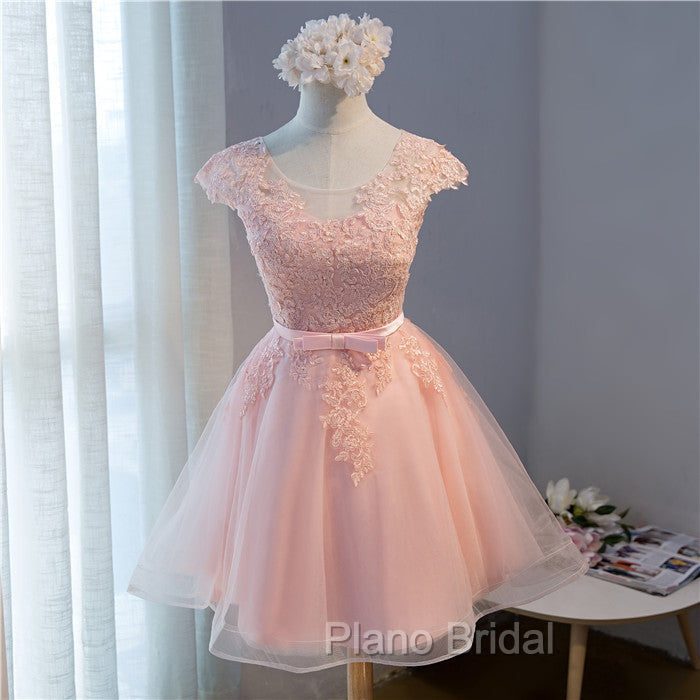 Custom Pink Lovely Cap Sleeves Knee Length Formal Dresses, Pink Tulle Formal Prom Dresses Secondary image