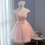 Custom Pink Lovely Cap Sleeves Knee Length Formal Dresses, Pink Tulle Formal Prom Dresses