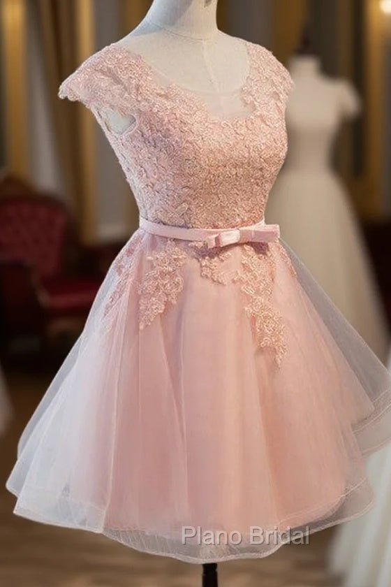 Custom Pink Lovely Cap Sleeves Knee Length Formal Dresses, Pink Tulle Formal Prom Dresses