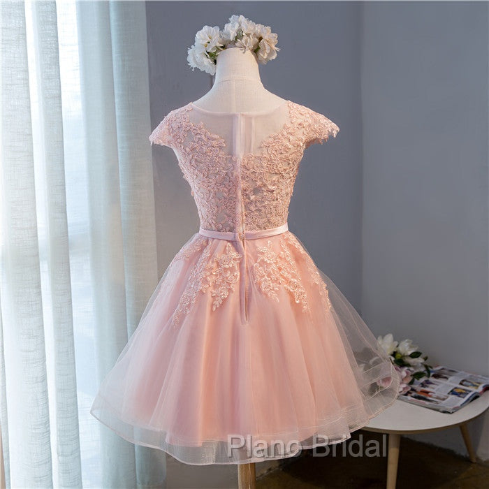 Custom Pink Lovely Cap Sleeves Knee Length Formal Dresses, Pink Tulle Formal Prom Dresses