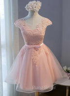 Custom Pink Lovely Cap Sleeves Knee Length Formal Dresses, Pink Tulle Formal Prom Dresses