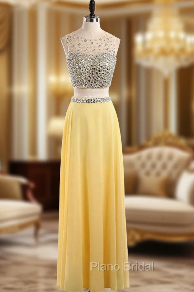Custom Sexy Yellow Sequins Beaded 2 Piece Formal Prom Dresses Scoop Long