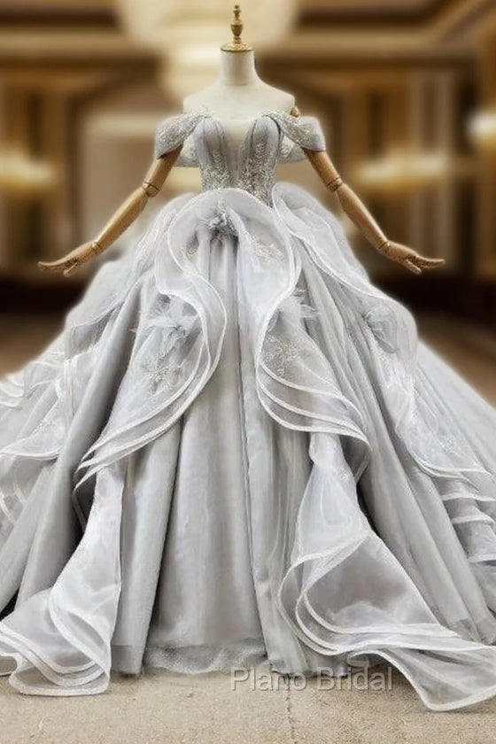 Custom Tailored Gray Ball Gown Tulle Off the Shoulder Appliques Wedding Dresses