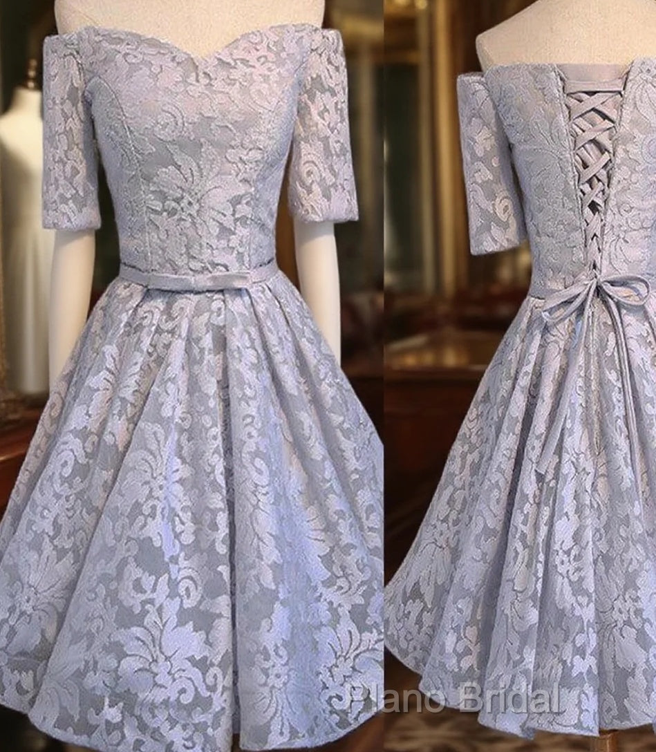 Cute A-Line Half Sleeve Sweetheart Lace Up Back Organza Floral Prints Knee Length Homecoming Dresses