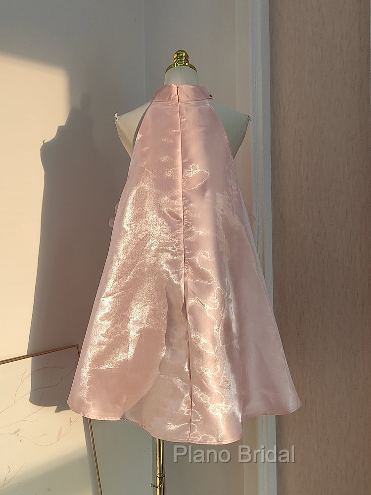 Cute A Line Halter Pink Travel Vacation Dresses Short Satin Birthday Dresses
