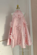 Cute A Line Halter Pink Travel Vacation Dresses Short Satin Birthday Dresses