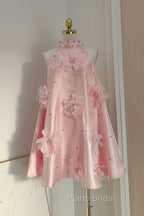 Cute A Line Halter Pink Travel Vacation Dresses Short Satin Birthday Dresses