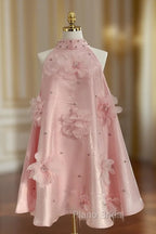 Cute A Line Halter Pink Travel Vacation Dresses Short Satin Birthday Dresses