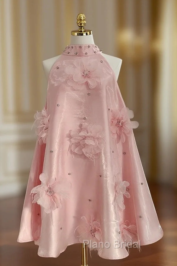 Cute A Line Halter Pink Travel Vacation Dresses Short Satin Birthday Dresses