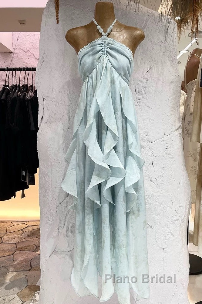 Cute A Line Halter Ruffled Floral Blue Summer Holiday Dresses WomenS Long Vacation Dresses Secondary image