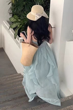 Cute A Line Halter Ruffled Floral Blue Summer Holiday Dresses WomenS Long Vacation Dresses