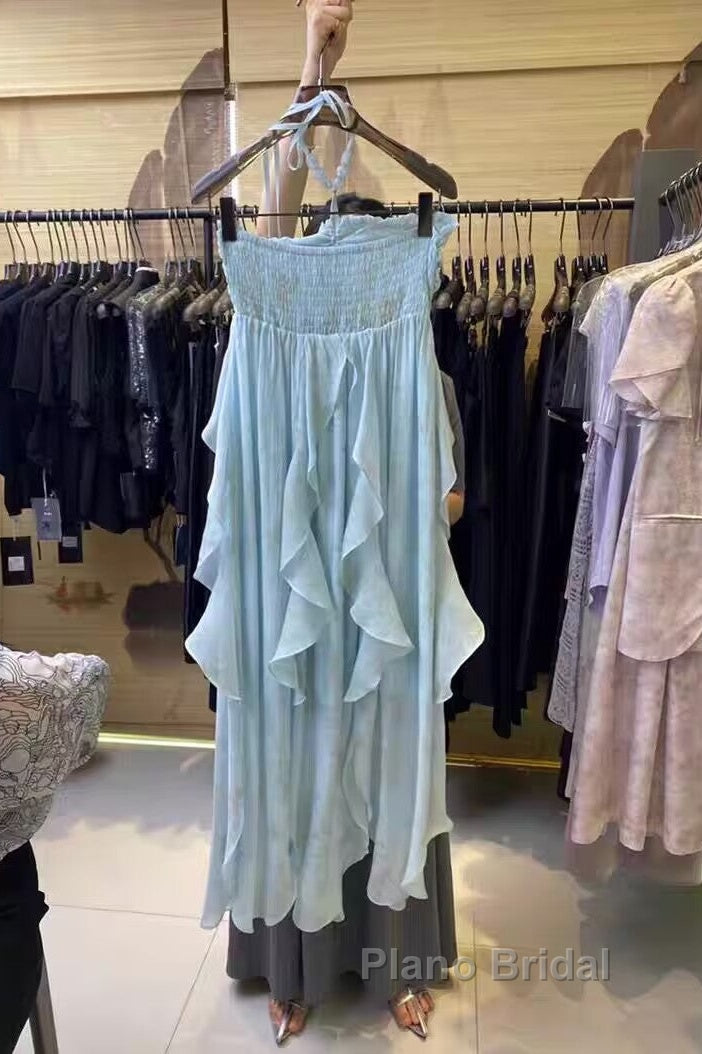 Cute A Line Halter Ruffled Floral Blue Summer Holiday Dresses WomenS Long Vacation Dresses