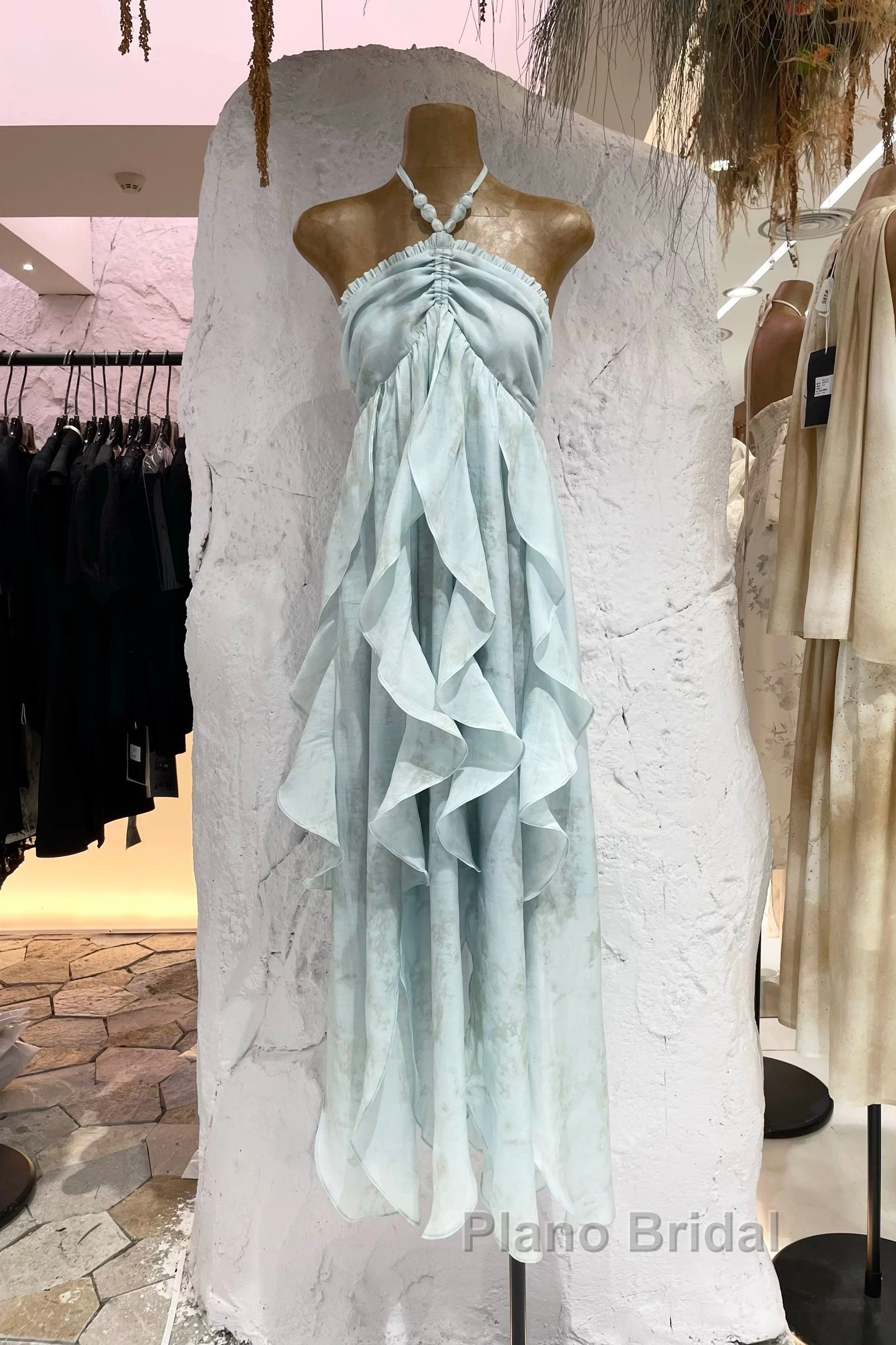 Cute A Line Halter Ruffled Floral Blue Summer Holiday Dresses WomenS Long Vacation Dresses