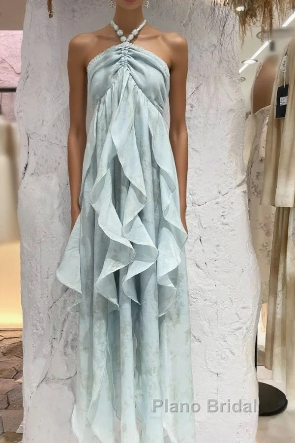 Cute A Line Halter Ruffled Floral Blue Summer Holiday Dresses WomenS Long Vacation Dresses Main image