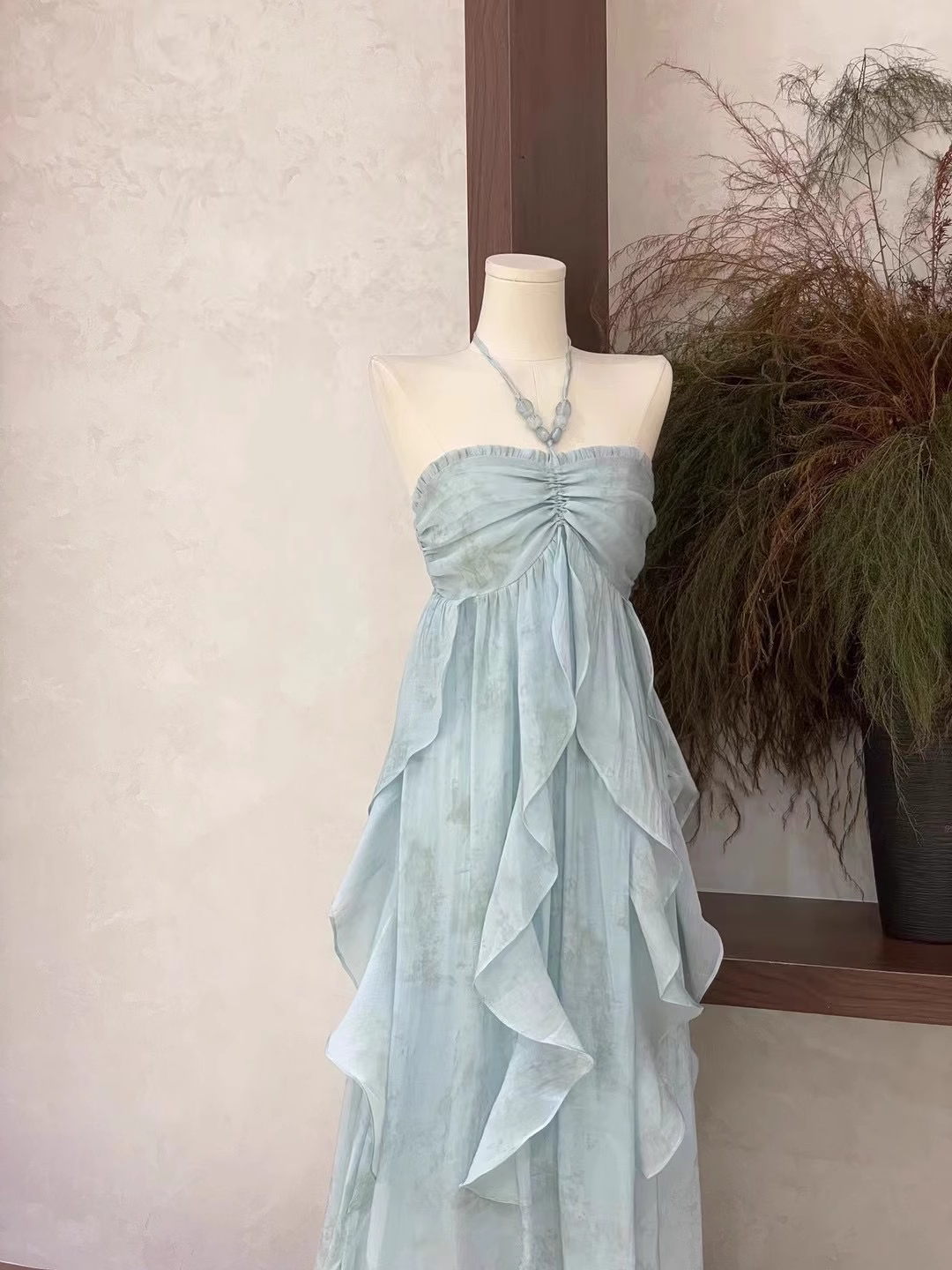 Cute A Line Halter Ruffled Floral Blue Women Long Vacation Dresses Secondary image