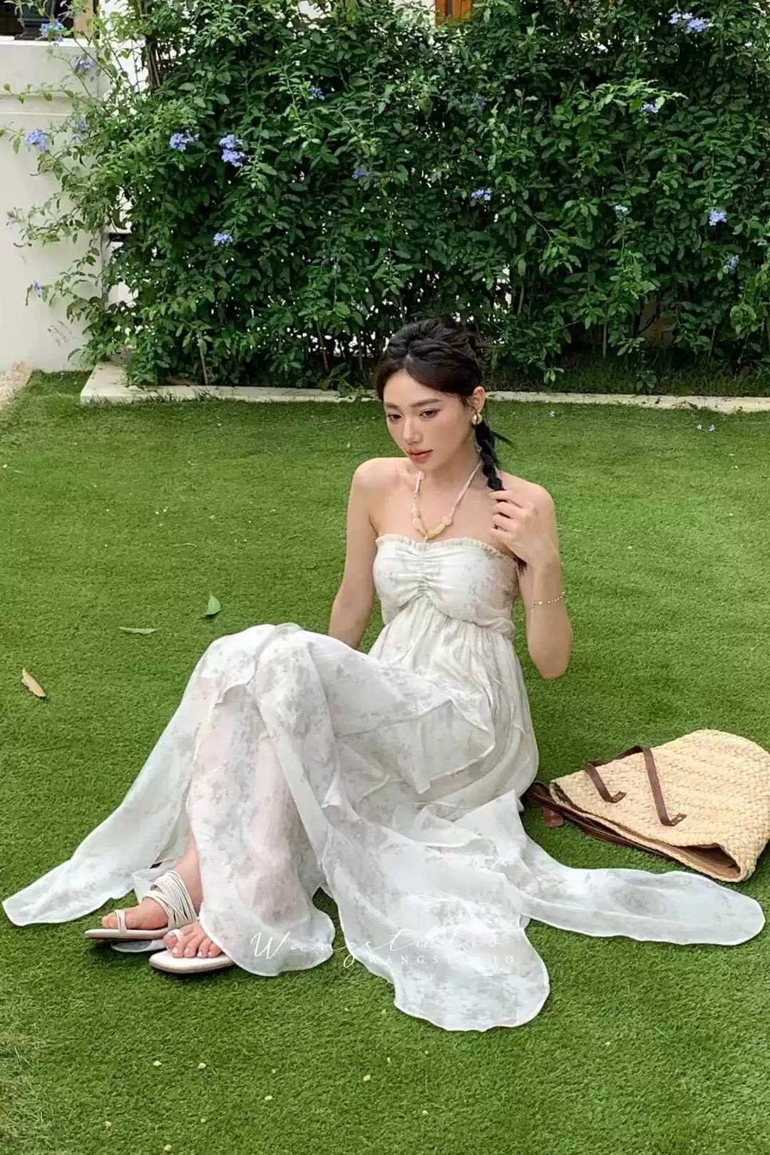 Cute A Line Halter Ruffled Floral Blue Women Long Vacation Dresses