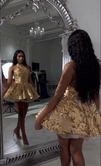 Cute A Line Halter Sequin Short Gold Homecoming Dresses
